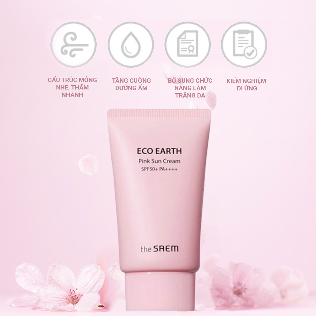 Kem chống nắng The Saem Eco Earth Power Pink Sun Cream 50g [Mẫu Mới] + Tặng 1 gói sữa rửa mặt thải độc Super Vegitoks Cleanser 3ml