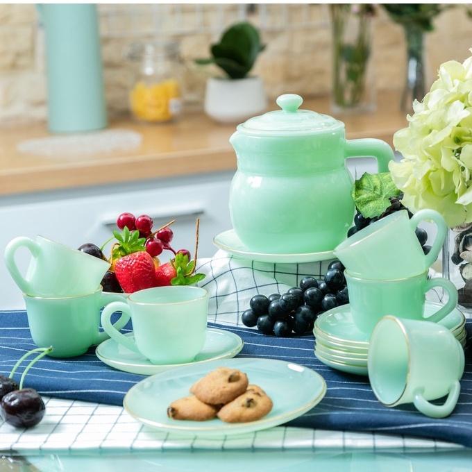 Bộ ấm tách trà thủy tinh ngọc Luxury USA Homeset màu xanh ngọc lục bảo