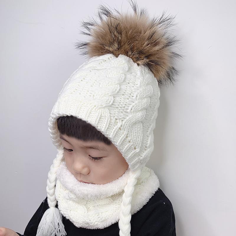 Bộ Lông Pompom Bò Kids Cho Bé Mùa Đông Nón Nỉ Bên Trong Bảo Vệ Tai Móc Nắp Ấm Nón Len Và Khăn Phượt Bộ Cho trẻ Em