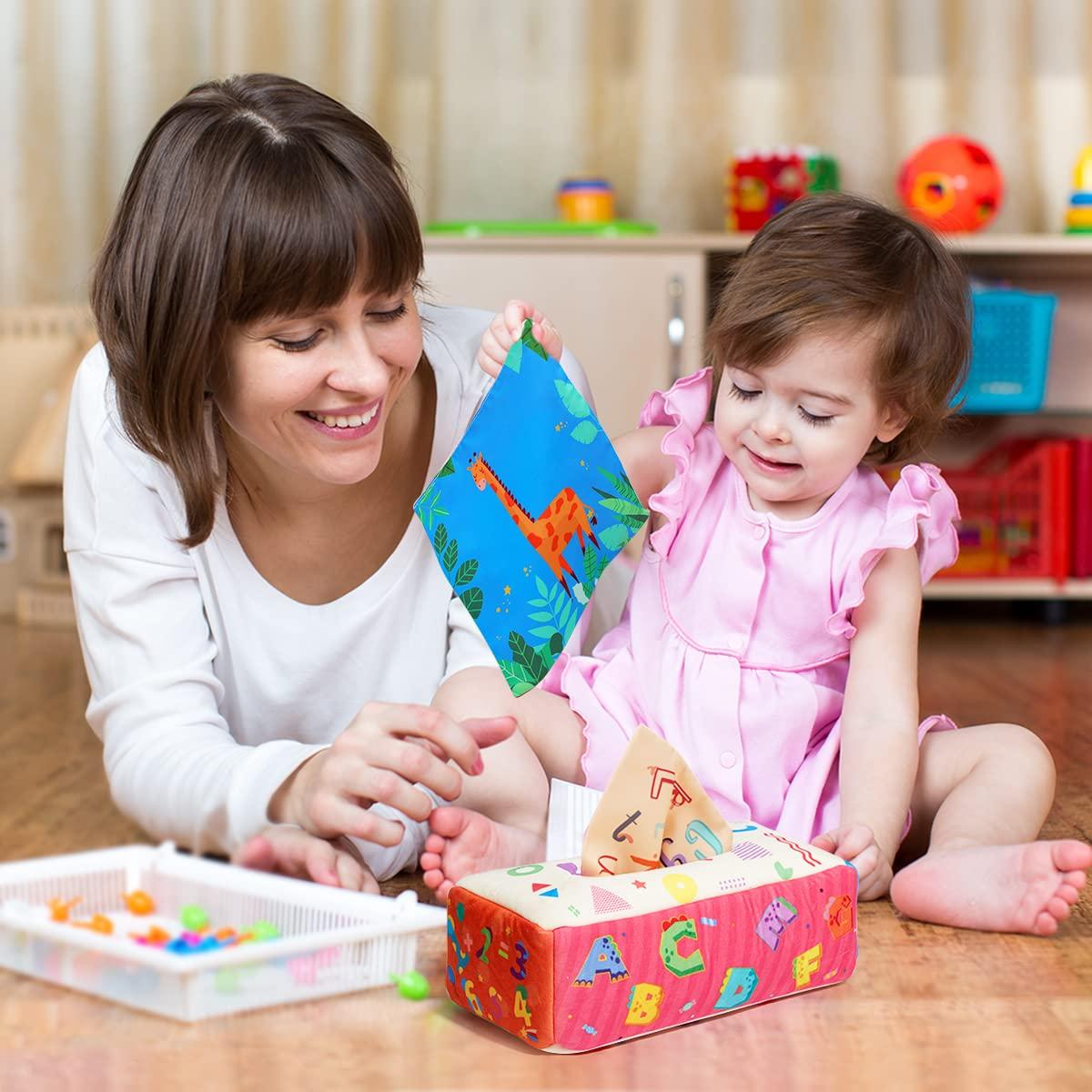 Đồ chơi em bé từ 3 tháng, cảm biến Đồ chơi hộp mô trẻ em với 3 chiếc giấy vụn / 8 chiếc khăn đầy màu sắc, đồ chơi tương phản em bé, đồ chơi crickling em bé từ 3 6 9 12 tháng