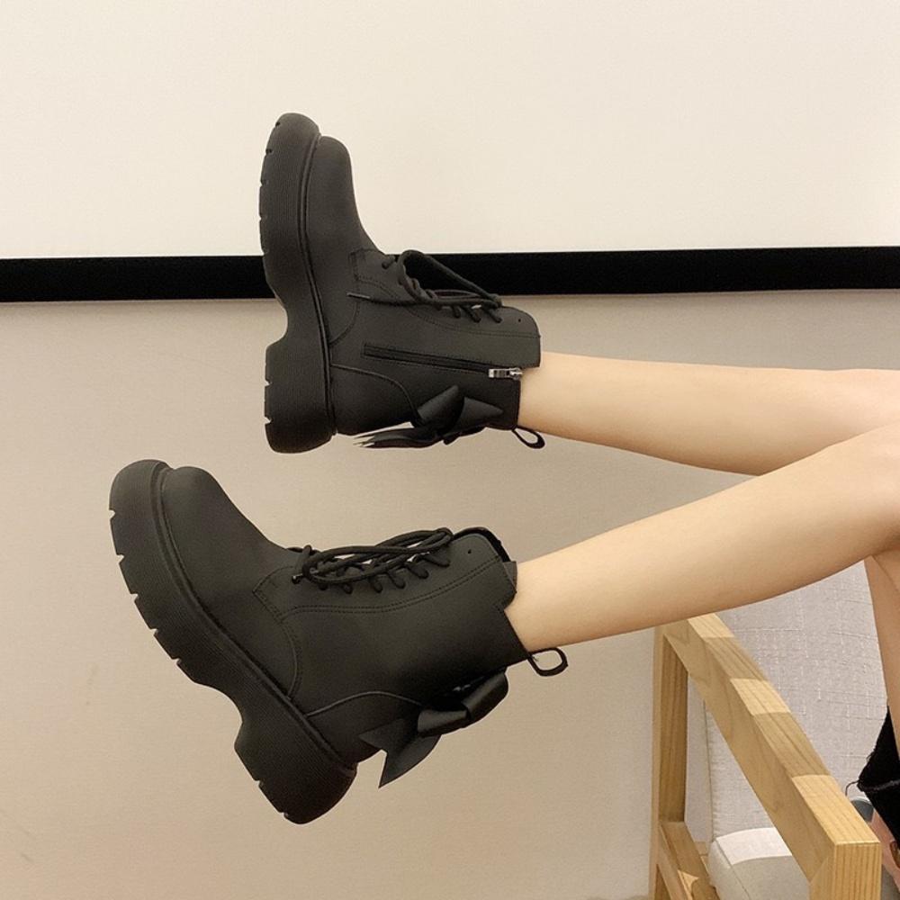 Giày Bốt Nữ MWC 9113 - Giày Boot Nữ Cổ Cao Phối Dây Kéo Đính Nơ Cách Điệu Siêu Êm Chân Hot Trend