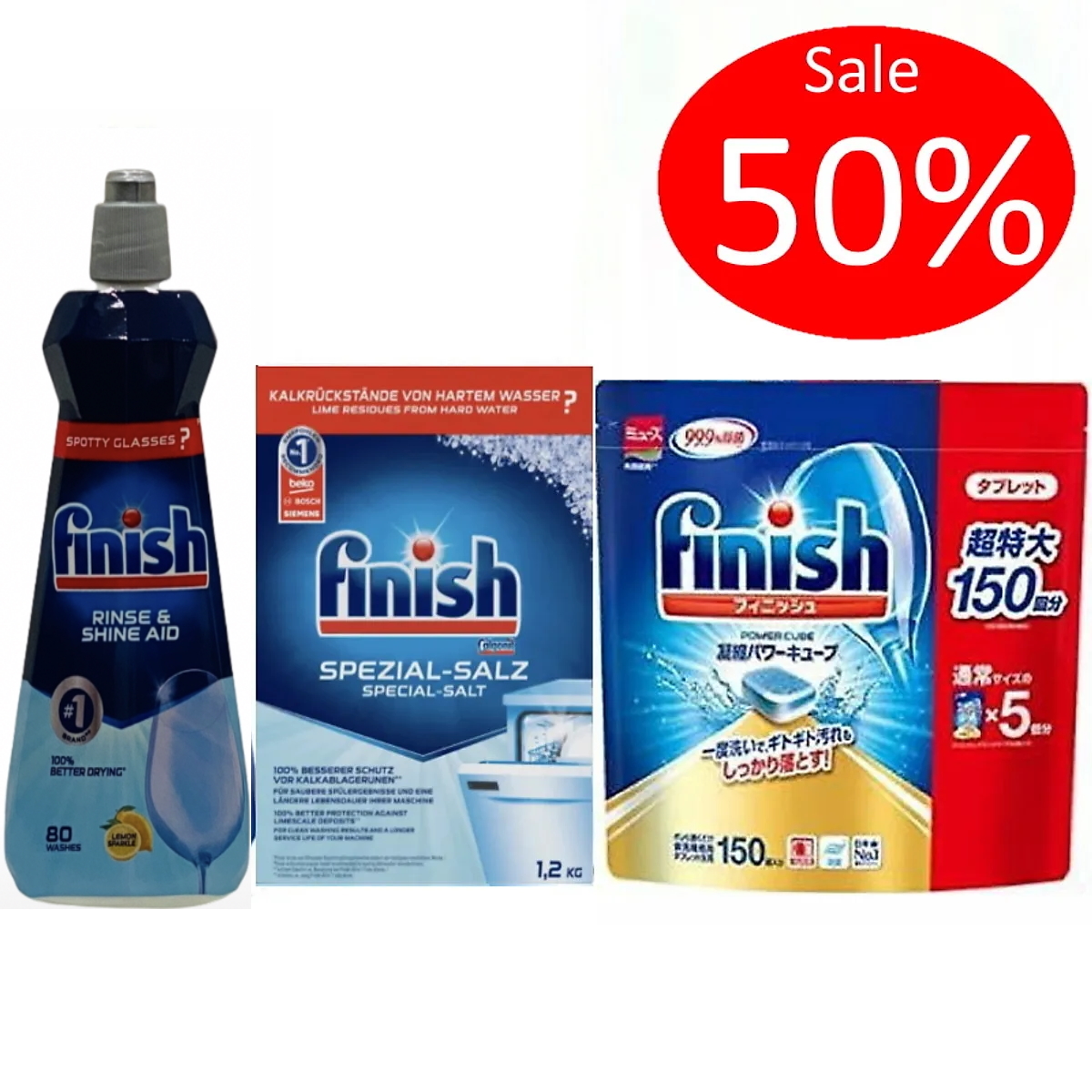 Combo Viên rửa bát finish Quantum Ultimate 50 Viên + muối rửa bát finish 1.2kg + nước làm bóng finish 40ml dùng cho Máy rửa bát chén