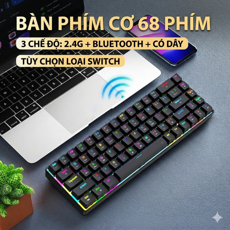 Bàn Phím Cơ Gaming không dây K68 chống ồn - Bluetooth + USB - Pin sạc TypeC - Hotswap cho máy tính laptop điện thoạiBàn Phím Cơ Gaming không dây K68 chống ồn - Bluetooth + USB - Pin sạc TypeC - Hotswap cho máy tính laptop điện thoại - hàng nhập khẩu