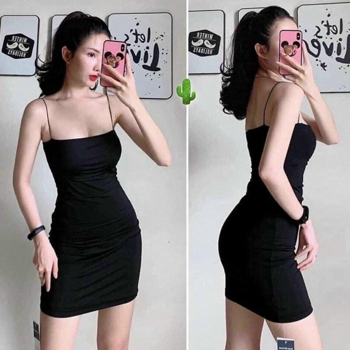 Đầm 2 dây ôm body trơn co giãn nhiều