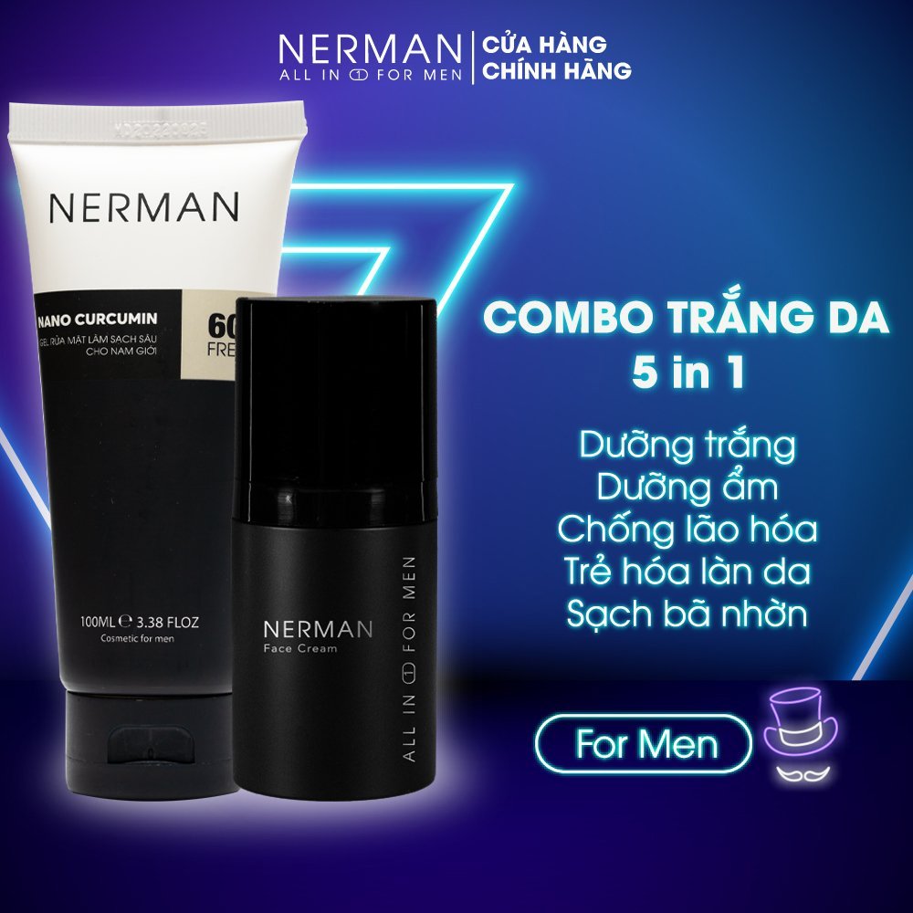 Combo dưỡng trắng da Nerman dùng cho nam giới bao gồm 1 Gel rửa mặt 100ml và 1 kem dưỡng trắng 30g