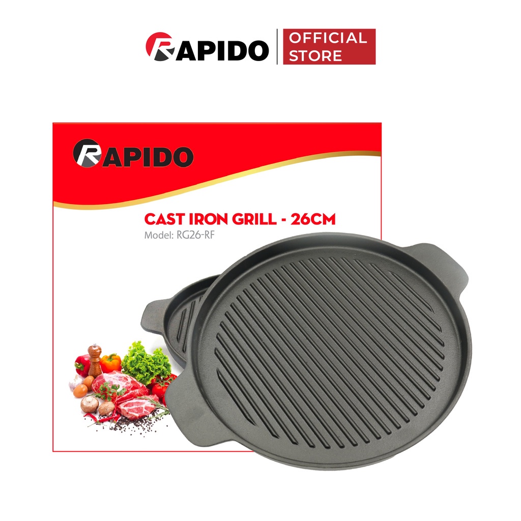 Chảo gang nướng chống dính Rapido size 24, 26 dùng bếp từ và mọi loại bếp - Hàng chính hãng