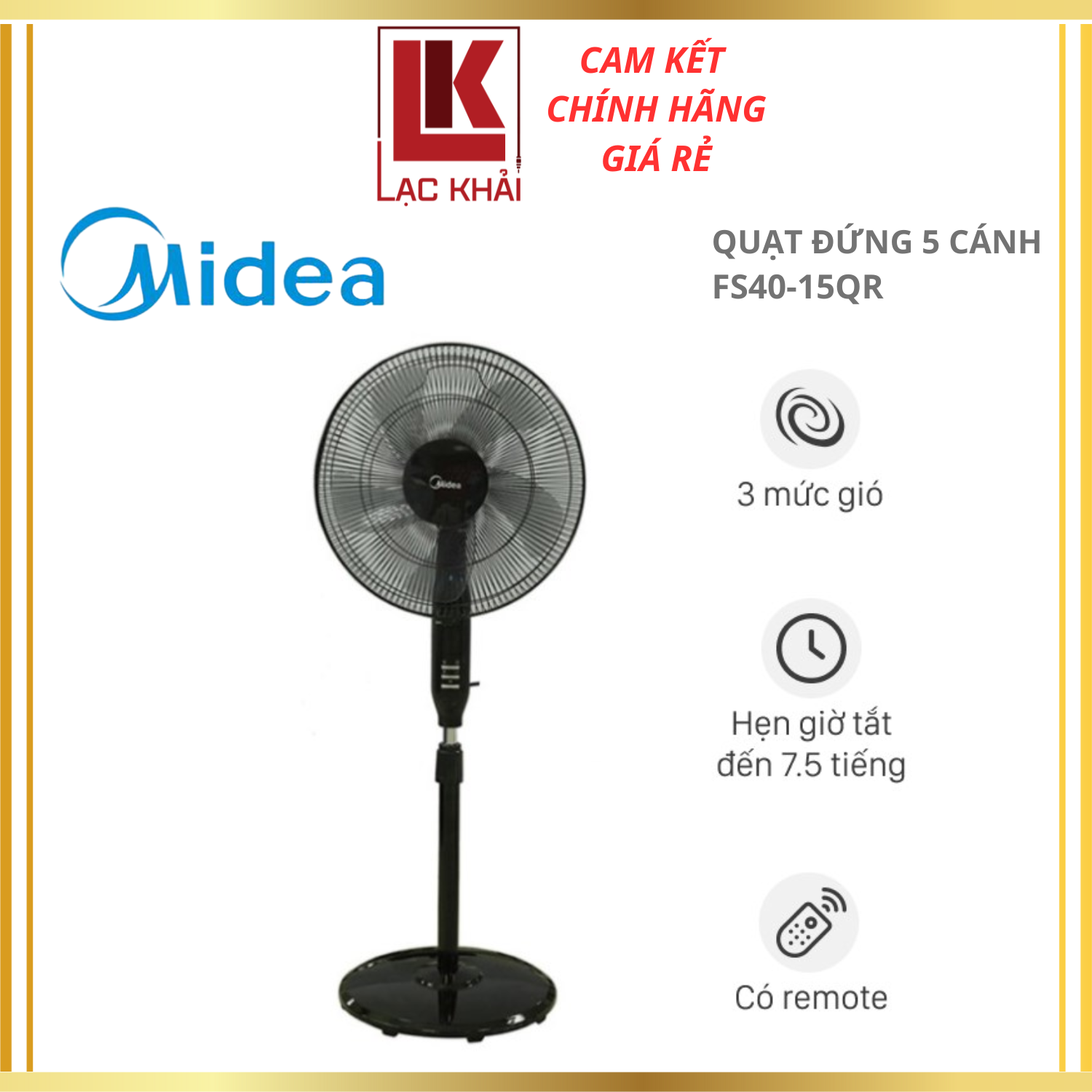 Quạt Đứng 5 Cánh Midea FS40-15QR, Công Suất 55W - Có remote - 3 Chế Độ Gió - Có Chức Năng Hẹn Giờ - Hàng chính hãng - Bảo hành 12 tháng