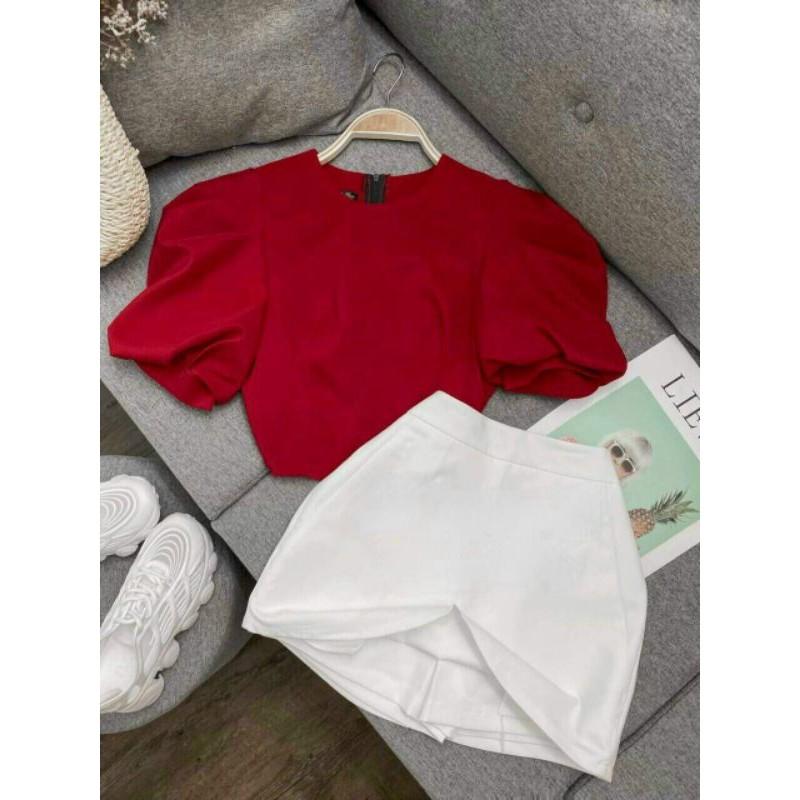 Áo Croptop Tay Phồng YURITA Khoá Sau Cổ Tròn Style Hàn Quốc Tiểu Thư Dễ Thương Tay Ngắn Nhiều Màu Chất Dày Dặn