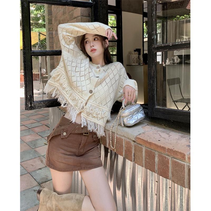 Áo Khoác Cardigan Dệt Kim Dáng Ngắn Phối Tua Rua Phong Cách Hàn Quốc Thời Trang Cho Nữ