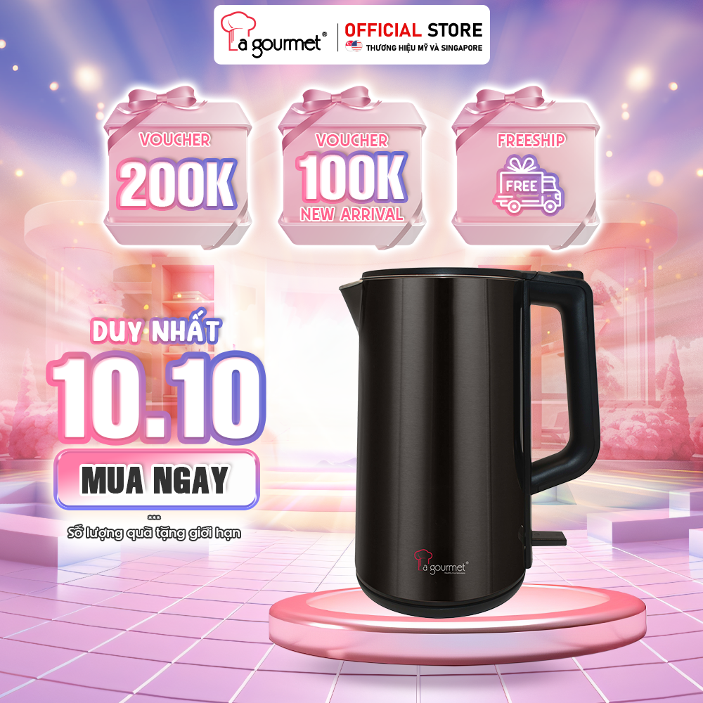 [Hàng chính hãng] Ấm đun siêu tốc chống bỏng 2 lớp không vi nhựa La gourmet 2000W 3L -  410955 (bảo hành 1 năm) giữ ấm 60⁰ – 70⁰C