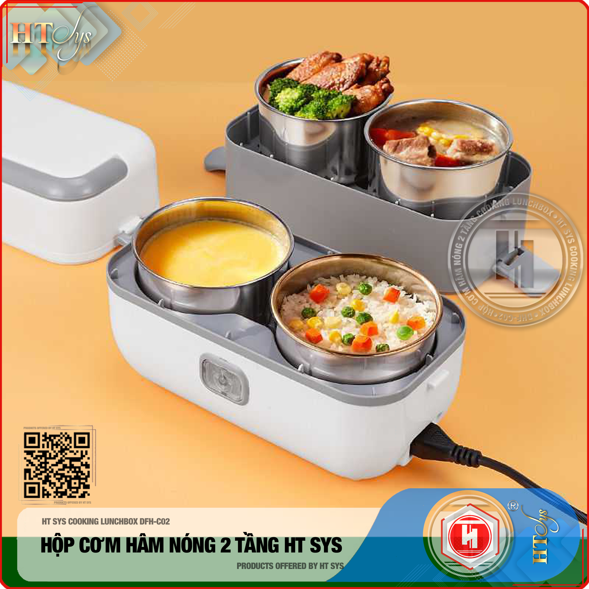 Hộp cơm văn phòng hâm nóng cắm điện HT SYS ● COOKING LUNCHBOX-DFH C02 ● Hộp Cơm Cắm Điện Có Thể Nấu Chín Và Hâm Nóng Thức Ăn  ● Ruột Bằng Inox SUS304 Cao Cấp (200W,2 lít,4 Ngăn) ● Hàng Chính Hãng