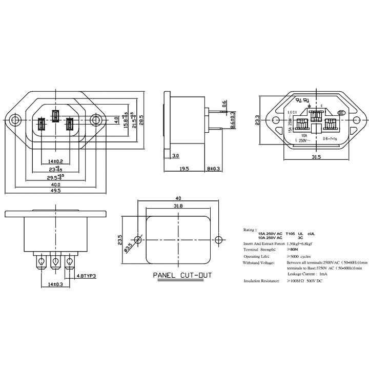 Ổ cắm nguồn 3 lỗ cắm 250V-10A, ổ cắm 3 lỗ , ổ cắm 3 chỗ