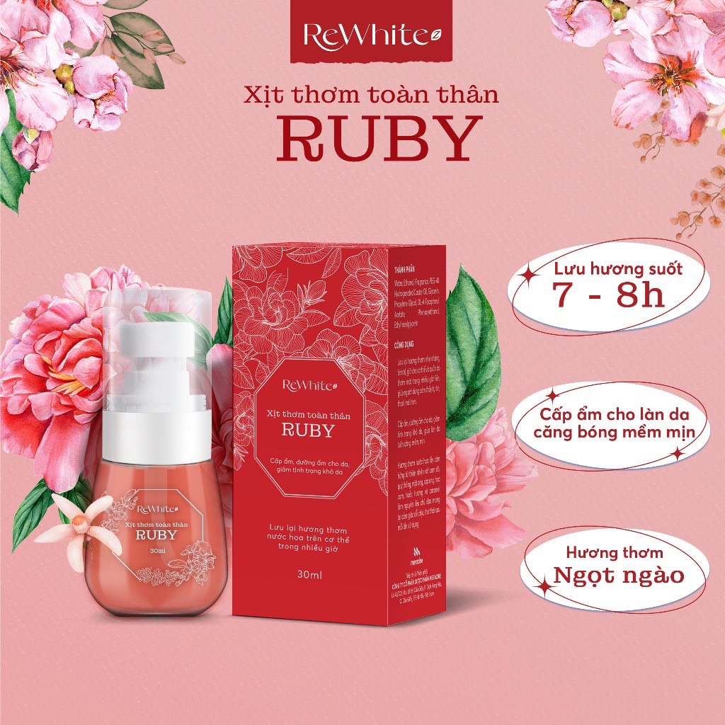 Xịt Thơm Toàn Thân Ruby, Body Mist ReWhitez Hương Nước Hoa Cao Cấp Giúp Làn Da Mềm Mại, Lọ 30ml