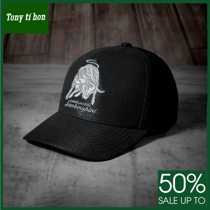 Tony tí hon - Mũ nón kết lưỡi trai lam.borrghi logo thêu phối da thời trang nam nữ cao cấp cá tính màu đen/ màu xanh
