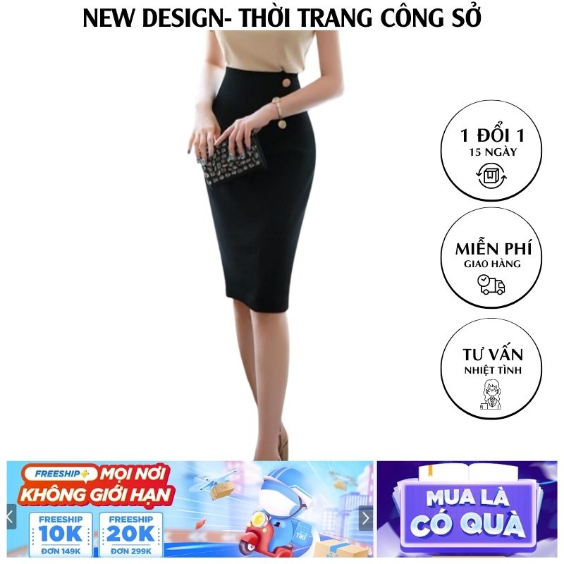 Chân Váy Dài, New Design Thiết Kế Phối Nút Trẻ Trung ,Dáng Váy Bút Chì Dài 62cm, 3 Màu Chủ Đạo ,Chất  Vải Tốt, Co Giãn CV0012