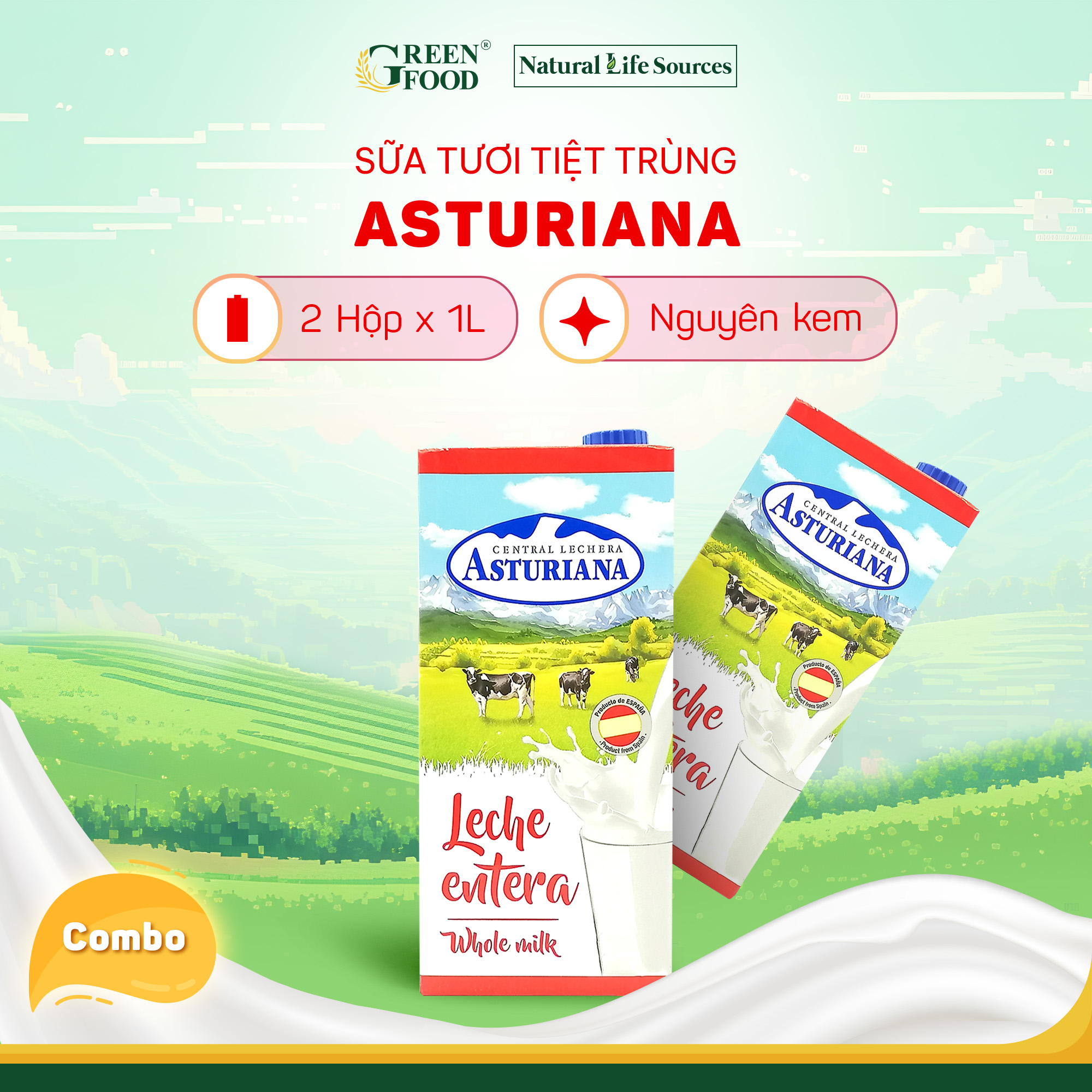 Combo 2 Hộp Sữa Tươi Tiệt Trùng ASTURIANA Nguyên Kem Hộp 1L - Độ Béo Cao 3.6%, Không Đường, Nhập Khẩu từ Tây Ban Nha