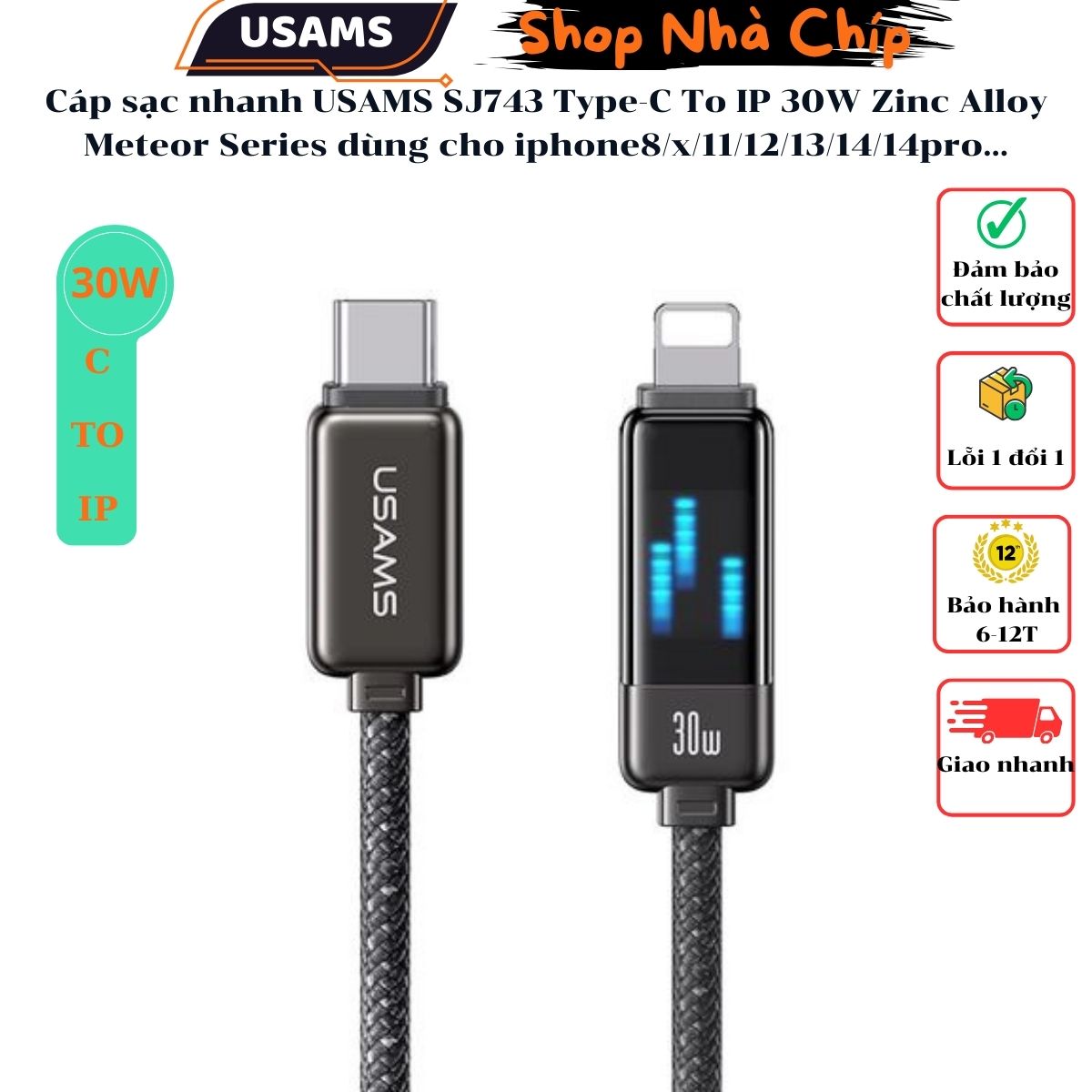 Cáp sạc nhanh USAMS SJ743 Type-C To IP 30W Zinc Alloy Meteor Series dùng cho iphone8/x/11/12/13/14/14pro...(Hàng nhập khẩu)