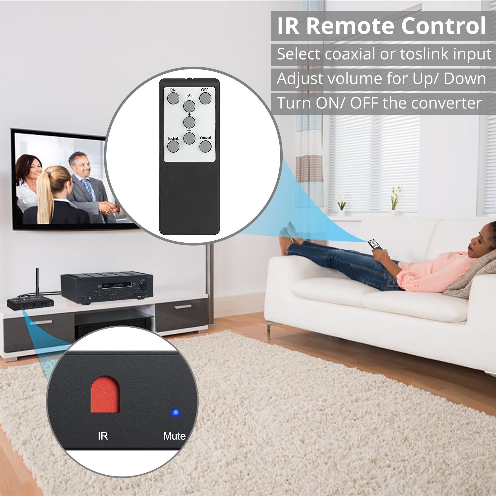 Bộ chuyển đổi DAC PROZOR Bộ thu tương thích Bluetooth tích hợp Bộ giải mã DAC 192kHz với điều khiển từ xa hồng ngoại Đồng trục kỹ thuật số Toslink sang L/R RCA
