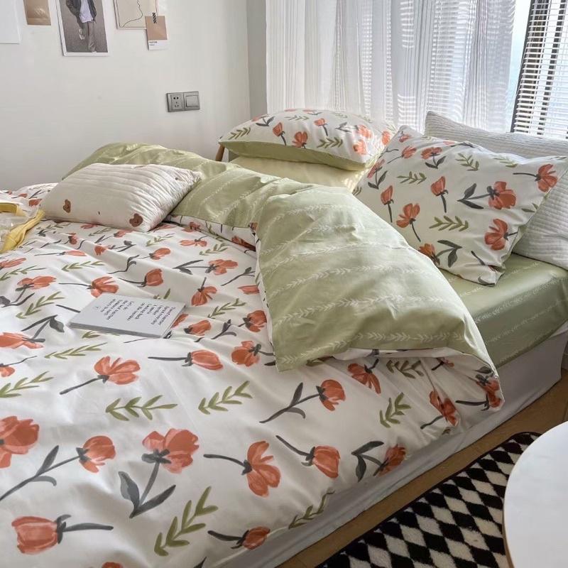 Bộ Chăn Ga Gối Cotton living 100%cotton Hàng Nhập Khẩu Cao Cấp 4 Món Hoa vintage