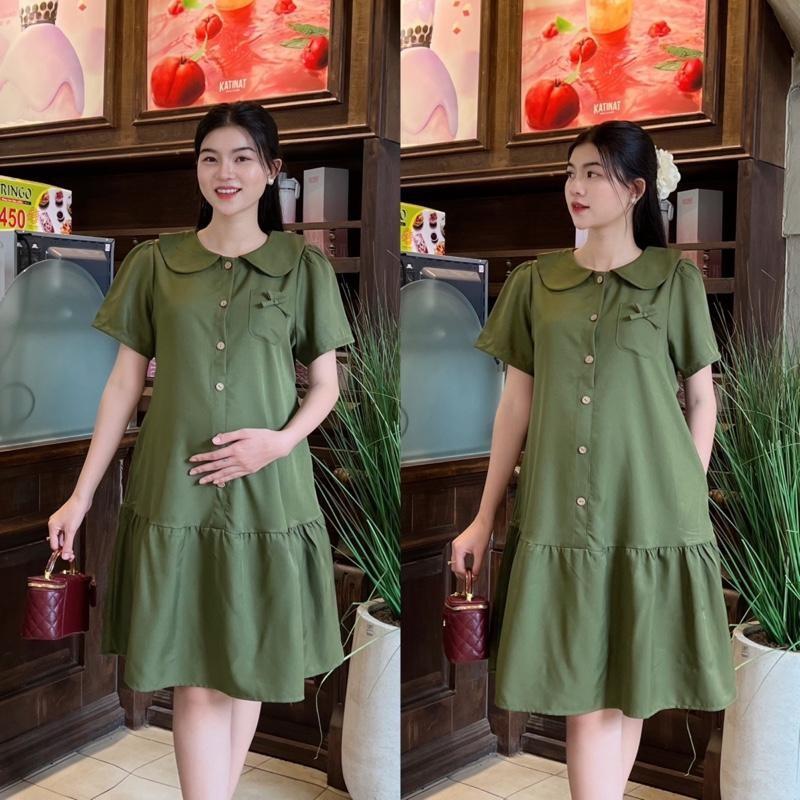 Đầm bầu công sở form đuôi cá phối nút cổ sen chất cotton lạnh đồ bầu đẹp dễ thương - Xanh rêu