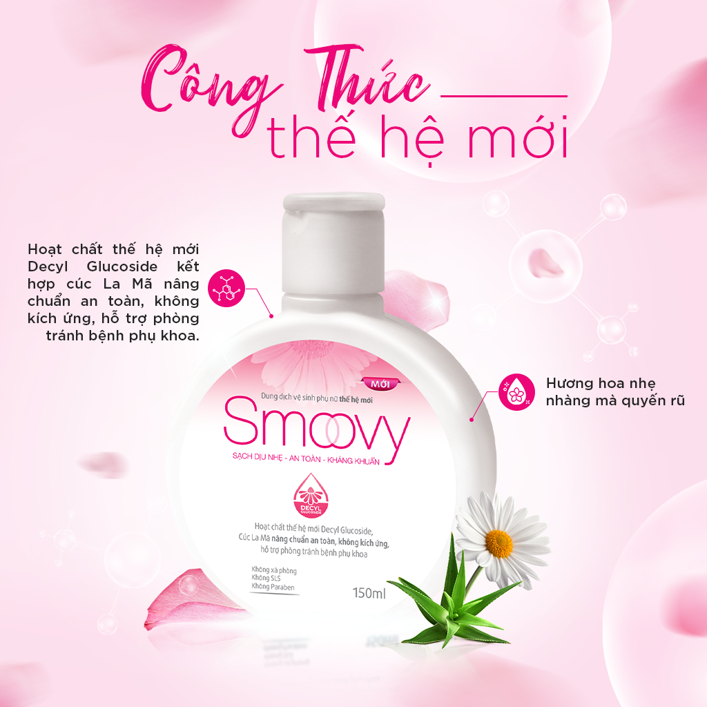 Dung dịch vệ sinh phụ nữ thế hệ mới Smoovy sạch dịu nhẹ - an toàn - kháng khuẩn 150ml