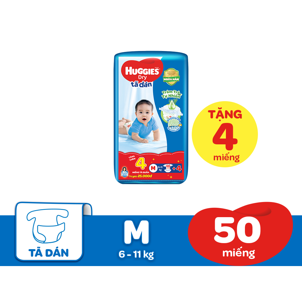 Tã dán HUGGIES DRY JUMBO M46 (6-11kg)  - Gói 46 miếng Tràm Trà + Tặng 4 miếng