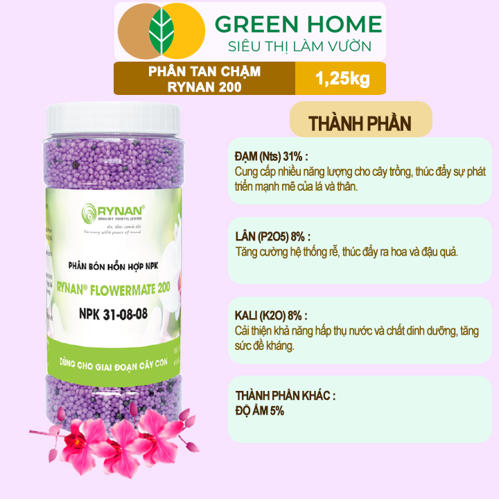 Phân Tan Chậm GreenHome, Rynan 200, Hũ 1,25kg, Dành Cho Phong Lan Con, Bonsai Kích Chồi, Dưỡng Chất