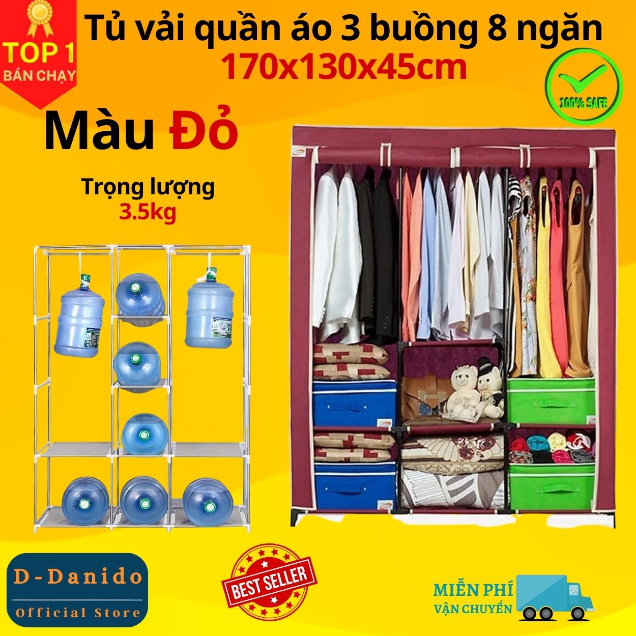 Tủ Vải Quần Áo 3 Buồng 8 Ngăn, Tủ Quần Áo Khung Inox To, Bền - Hàng Chính Hãng