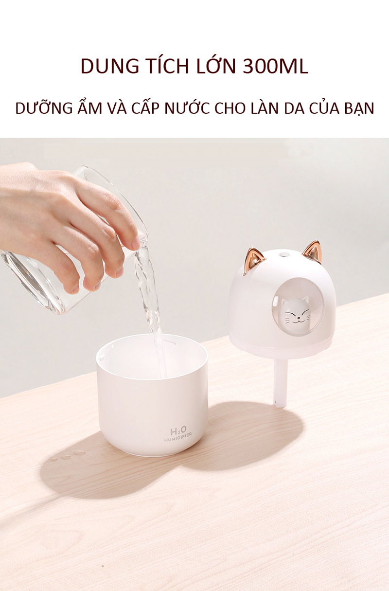 Máy Phun Sương, Máy Tạo Độ Ẩm Mini Hình Mèo CTFAST-01 Dung Tích 300 ML, Cấp Ẩm Cho Da, Phòng Điều Hòa, Khuếch Tán Tinh Dầu, Hoạt Động Êm Ái Ánh Sáng Thay Thế Đèn Ngủ - Hàng Chính Hãng