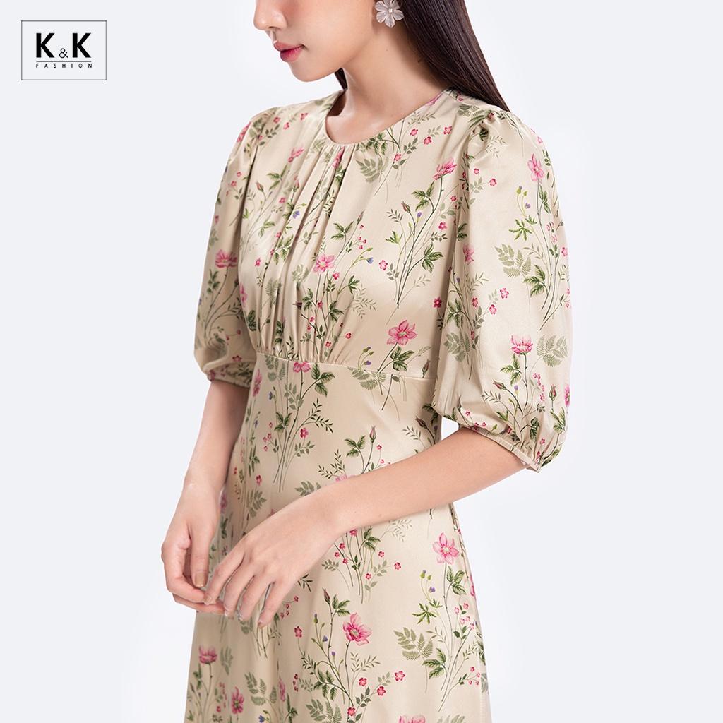 Đầm Xòe Hoa Tay Lỡ Nhấn Eo Cao K&amp;K Fashion KK119-24 Chất Liệu Lụa