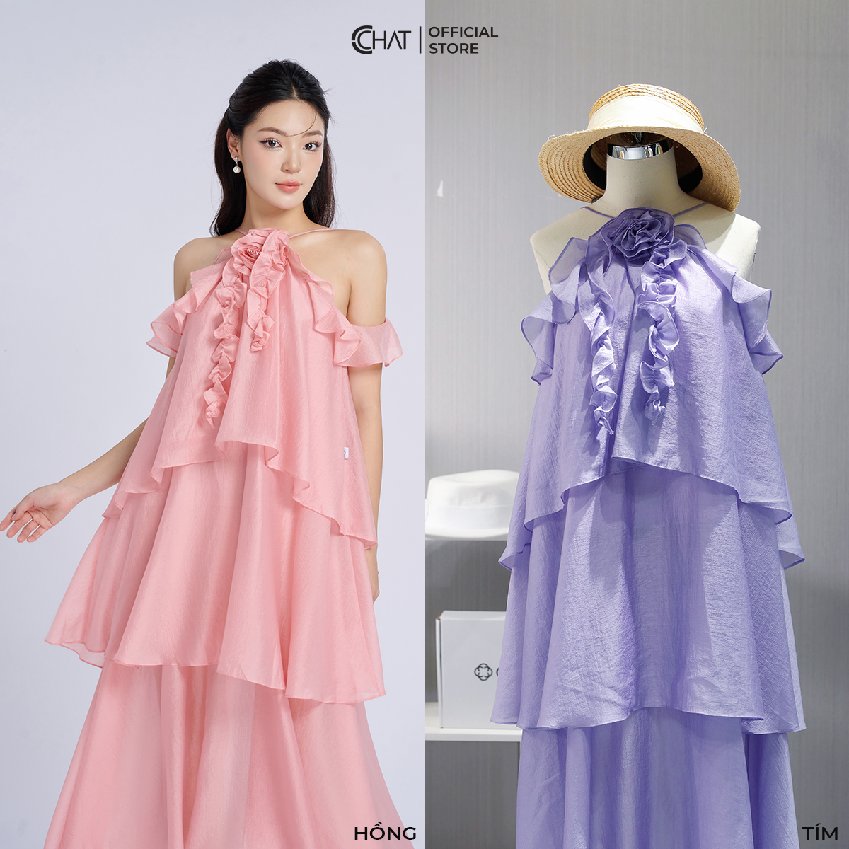 Đầm Nữ Kiểu Yếm Tay Bèo Hoa Cổ Dáng Xòe Chất Voan Bay Bổng 53VNV2019XT