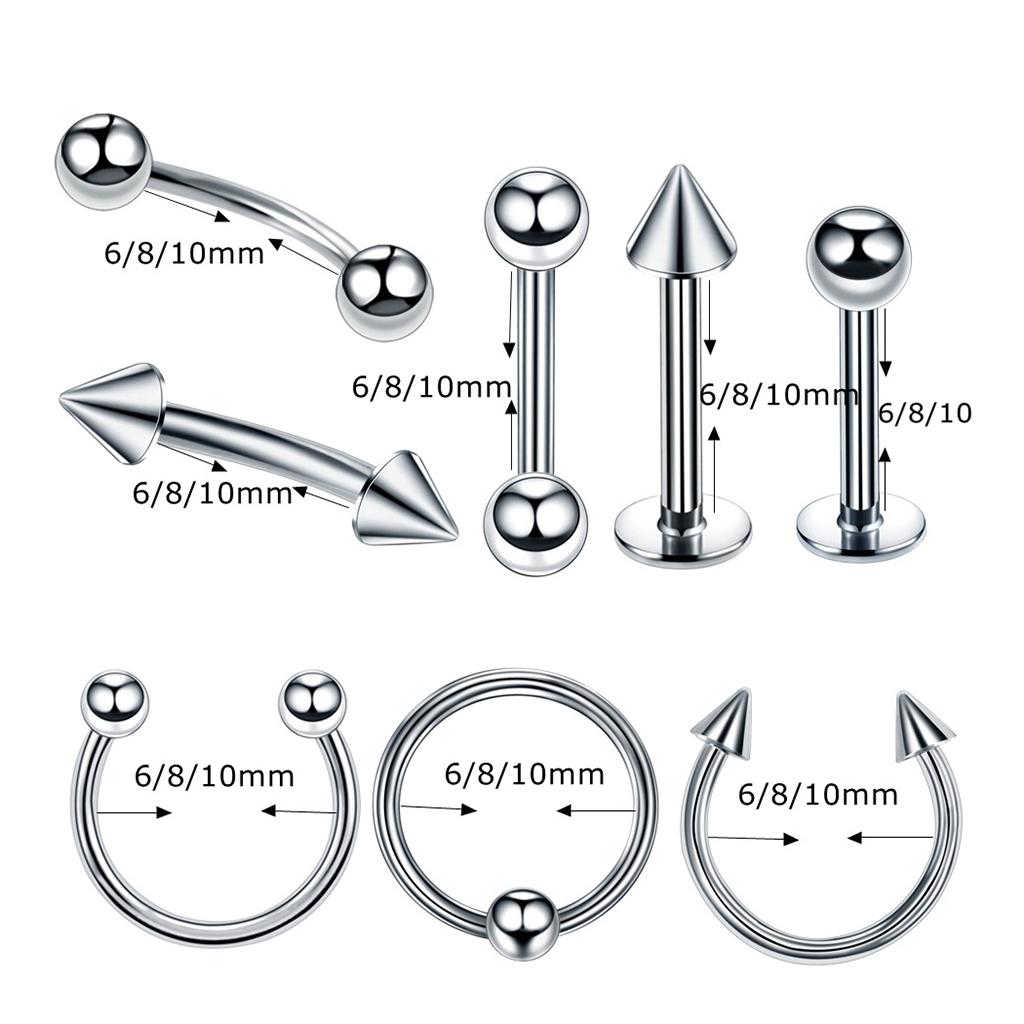 8 Pieces Black Nose Lip Tongue Studs Eyebrow Tragus Ring Piercings 16g 6mm