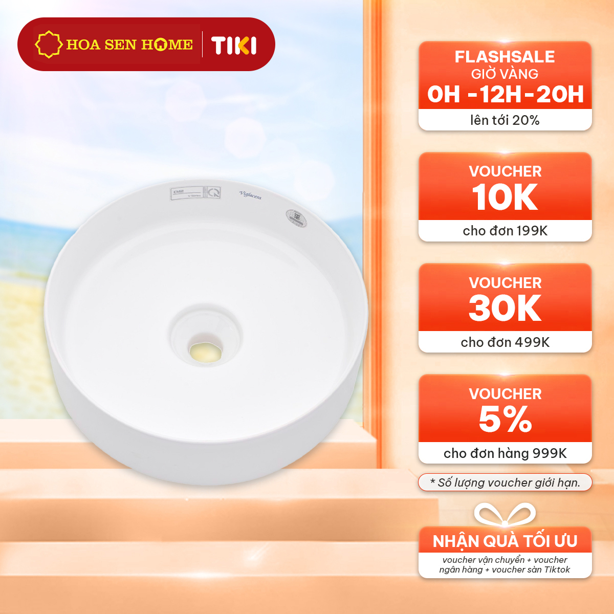 Lavabo đặt bàn Viglacera CM02 cao cấp, men sứ Nano sáng bóng, công nghệ Ý kháng khuẩn dễ vệ sinh - Hoa Sen Home - Hàng chính hãng