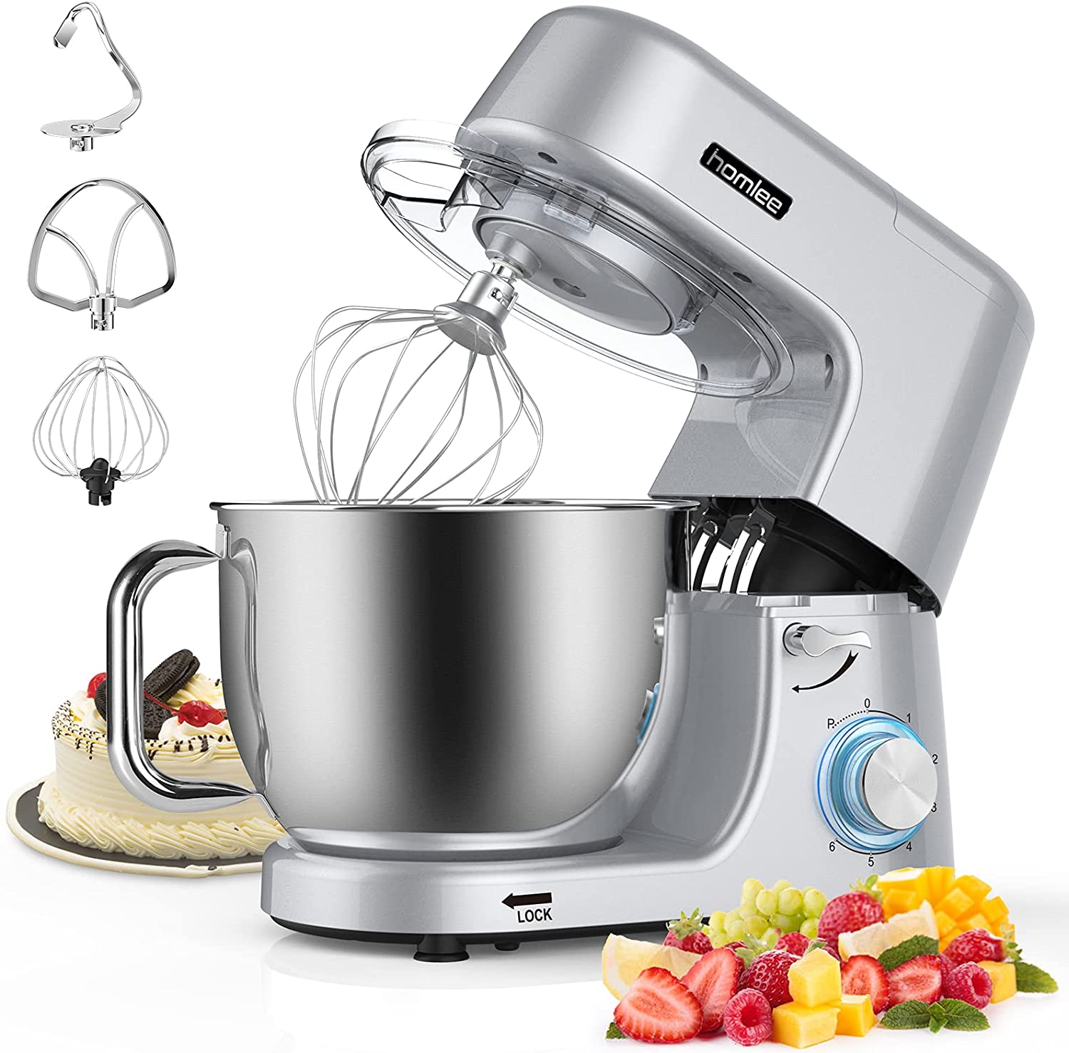 Máy nhào bột Homlee SM-1508 dung tích 7.2L công suất 1800W - Hàng chính hãng UK - Quết chả giò, trà bông, đánh kem, đánh trứng chạy êm ái