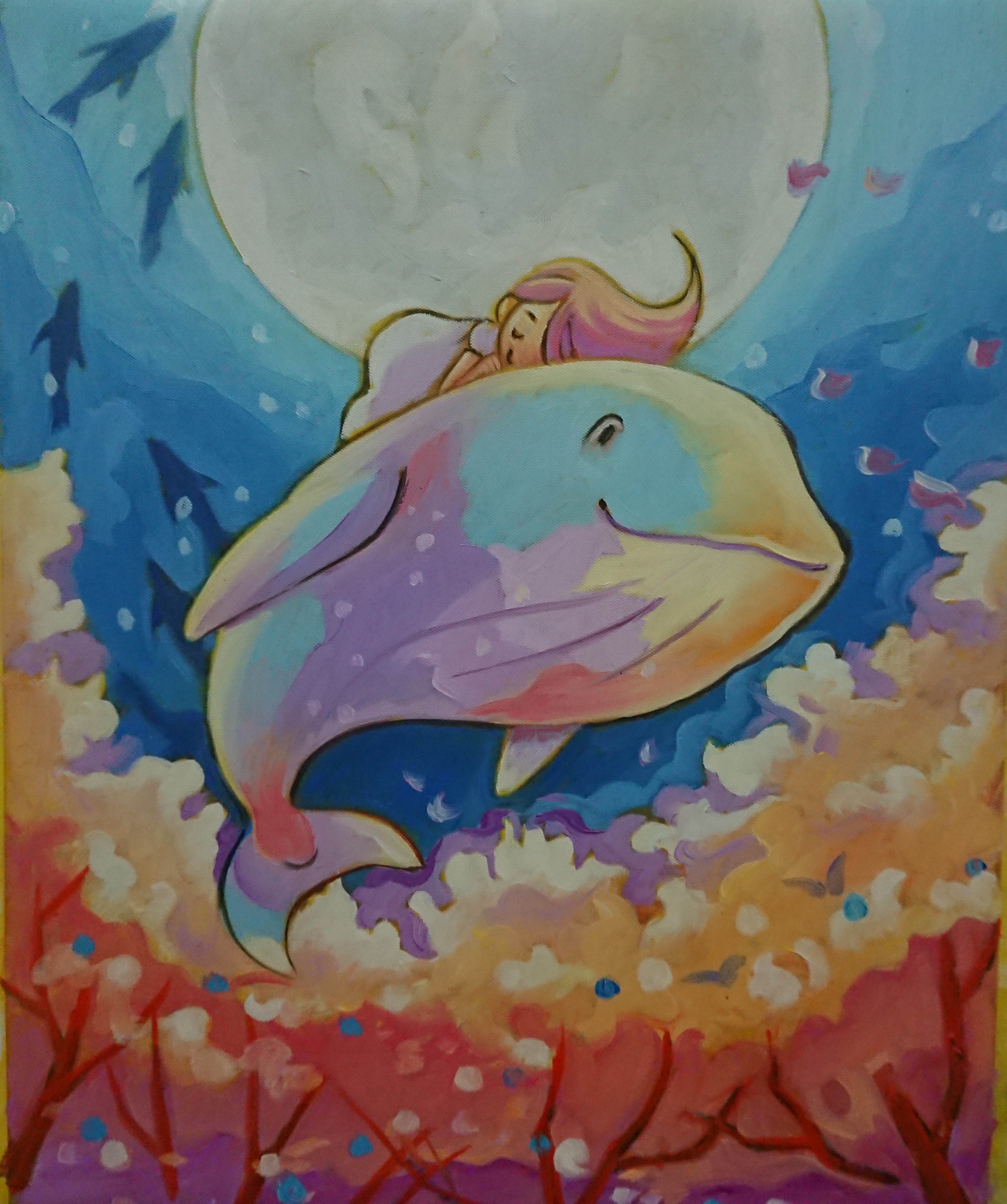 Tranh Sơn Dầu Vẽ Tay 40x50cm - Bé Và Cá Heo