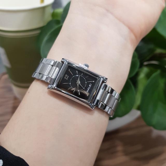 Đồng hồ cặp đôi nam nữ Halei mặt đen dây kim loại chính hãng Tony Watch 68