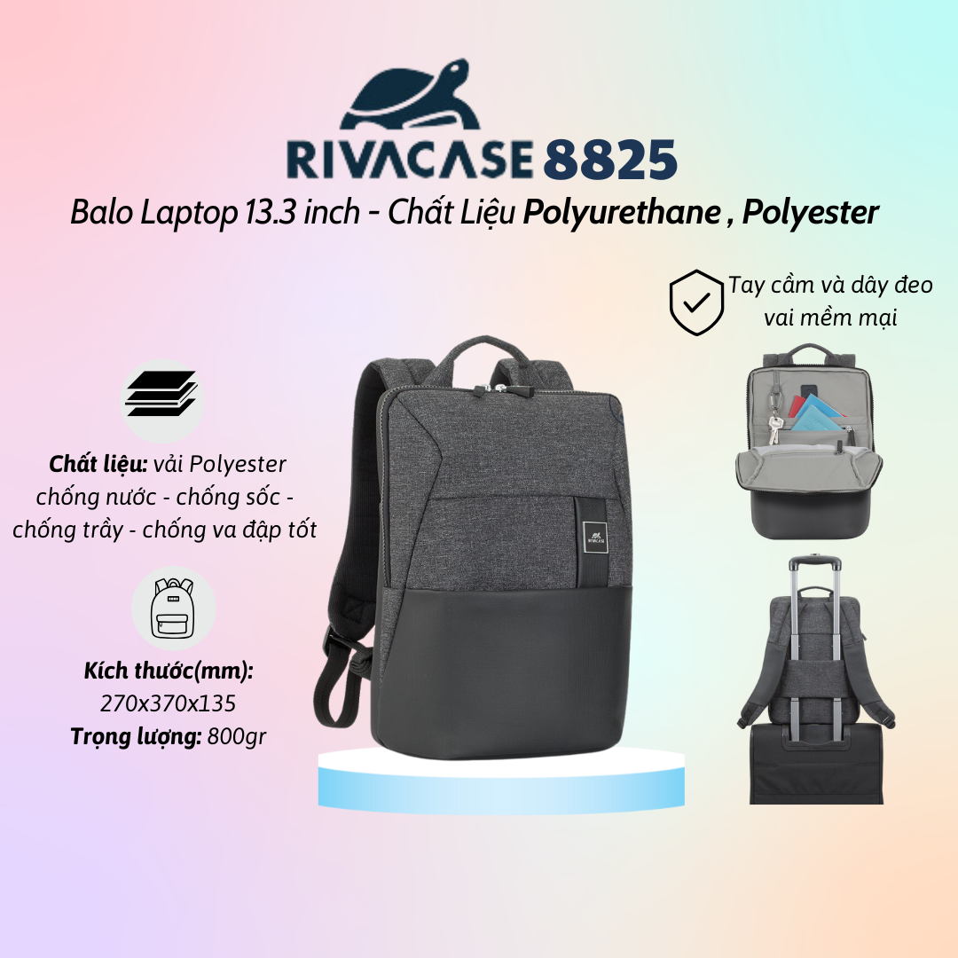 Balo Laptop Rivacase 8825 13.3 inch Chất Liệu Polyurethane , Polyester - Bảo Hành 24 Tháng - Hàng Chính Hãng