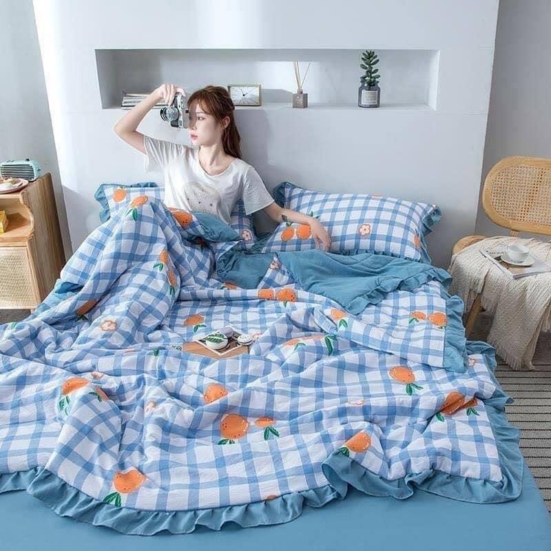 Bộ Chăn Ga Cotton Đũi Rem Bèo 4 Món Chăn Trần Bông - CTDA18