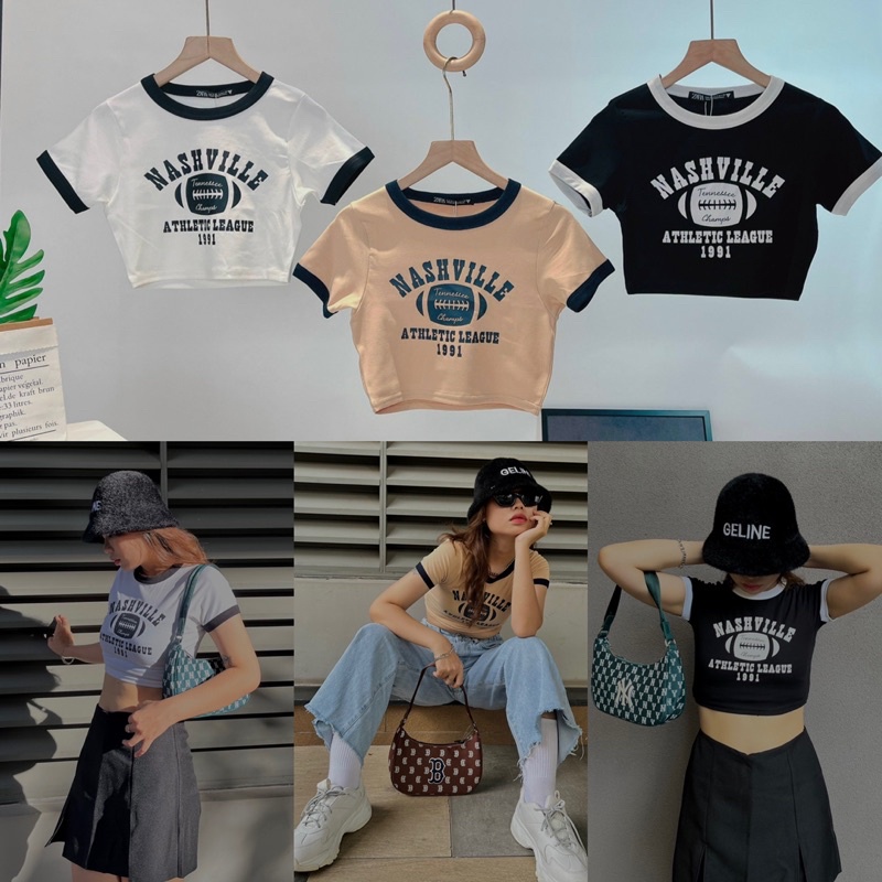 Áo Croptop Tay Ngắn Cổ Tròn Hoạ Tiết In Chữ