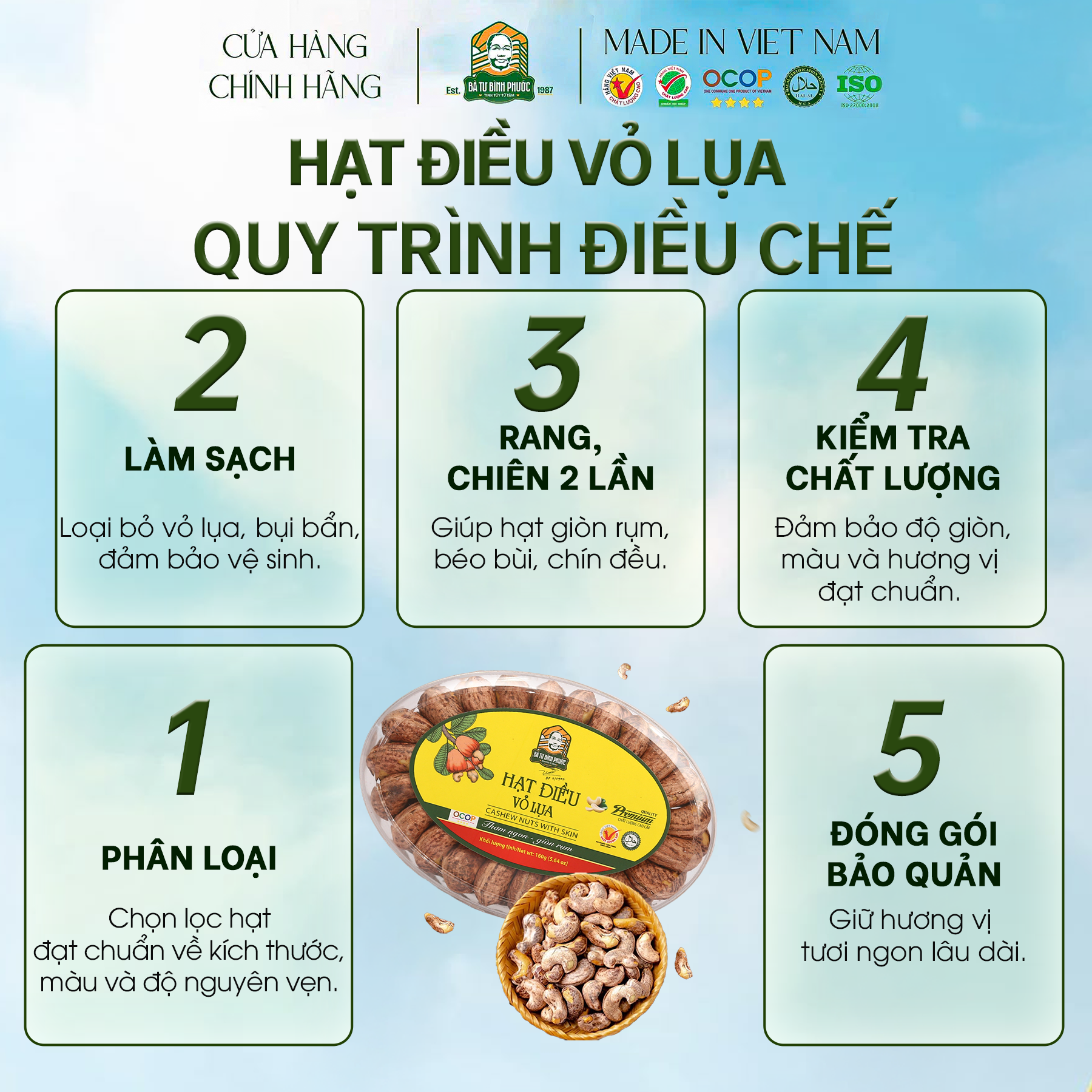 Hạt Điều Vỏ Lụa Bà Tư Bình Phước 160G – Giòn Bùi Tự Nhiên, Đậm Đà Hương Rang Củi