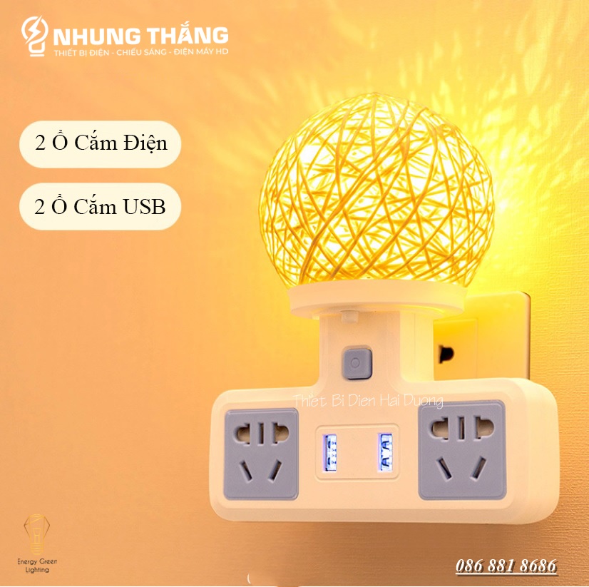 Ổ Cắm Điện Đa Năng - Đèn Ngủ Cầu Mây - 2 Cổng USB , Ổ Chịu Tải 2500W, Chống Cháy Nổ - Kèm Phích Chuyển Đổi - Có Video