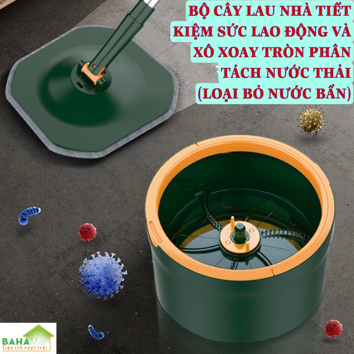 BỘ CÂY LAU NHÀ TIẾT KIỆM SỨC LAO ĐỘNG VÀ XÔ XOAY TRÒN PHÂN TÁCH NƯỚC THẢI (LOẠI BỎ NƯỚC BẨN) &quot;BAHAMAR&quot; Nước sạch giặt giẻ lau và xoáy loại bỏ nước bẩn ra chậu ngoài một cách tách biệt luôn