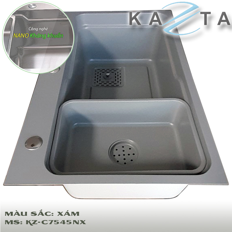 Chậu rửa chén bát cao cấp KAZTA KZ-C7546NX nano kháng khuẩn kèm khay inox và thớt tiện dụng