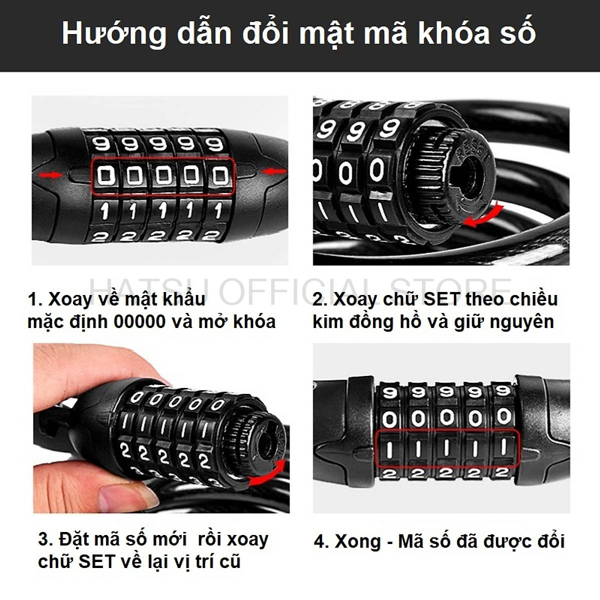 Khóa xe đạp 5 số chống trộm, khóa dây hợp kim thép bọc cao su chắc chắn - đường kính bao gồm vỏ bọc 1.2cm - dài 1 mét