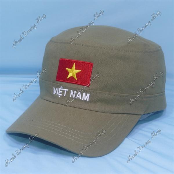 Nón lính mũ lưỡi trai đầu bằng thêu chữ Việt Nam phía sau khóa dán - Rêu nhạt