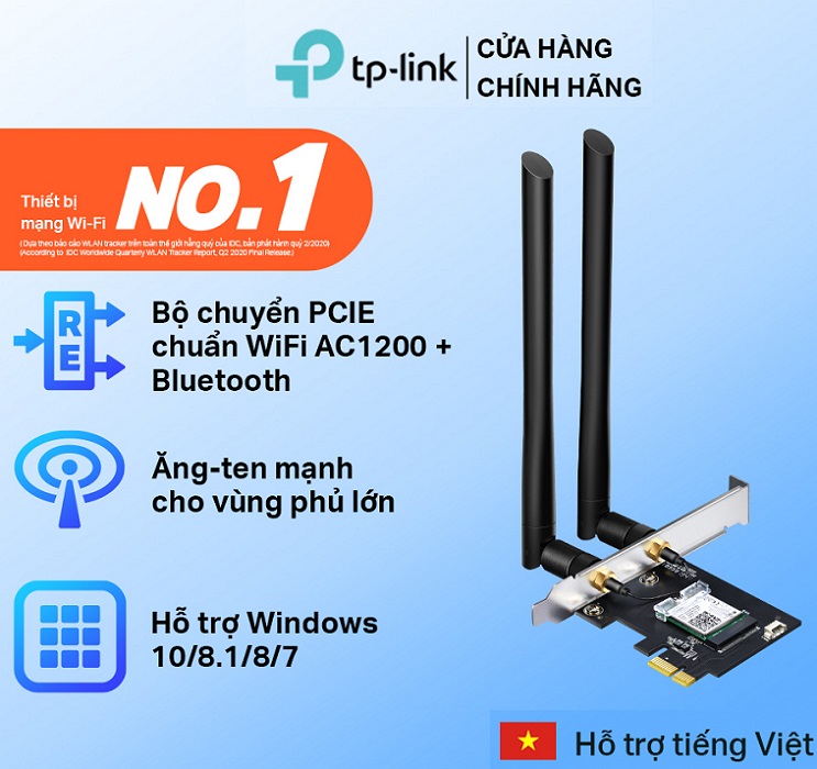 Cạc mạng không dây TP-Link PCI-E Archer T5E AC1200Mbps, 2 Ăng ten ngoài- Bluetooth - Hàng Chính Hãng