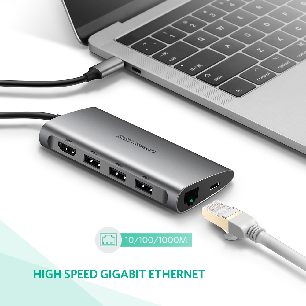 Hub USB Type-C 8 Cổng HDMI/USB 3.0/SD/TF/LAN Gigabit Ugreen 50538 - Hàng Chính Hãng