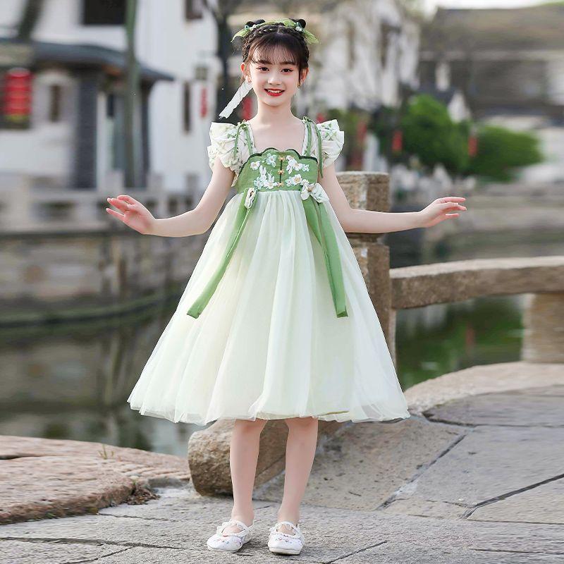 DONGSHOP HOT Trang phục mùa hè cổ điển của cô gái ăn mặc mùa hè 2023 váy trẻ em mùa hè cô gái lớn Đường ăn mặc mùa hè ngắn tay áo