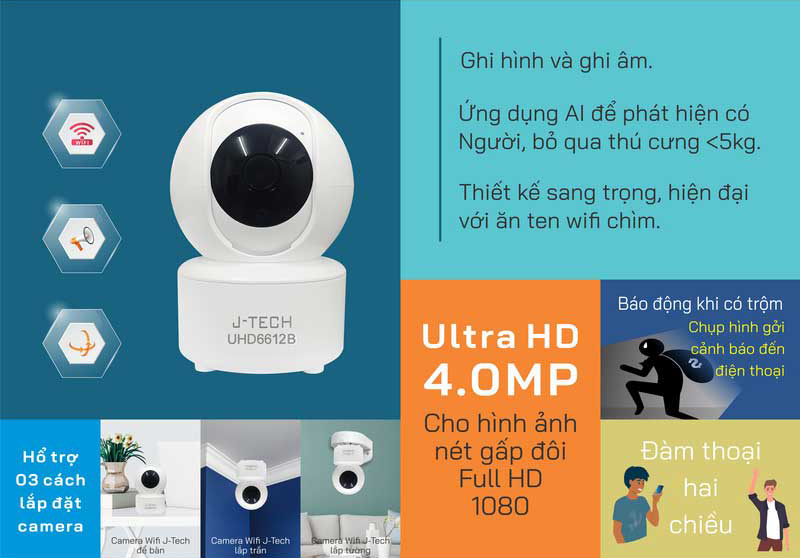 Hàng chính hãng - Camera Wifi J-Tech Full HD 2MP Xoay 360 độ, đàm thoại 2 chiều, theo dõi chuyển động