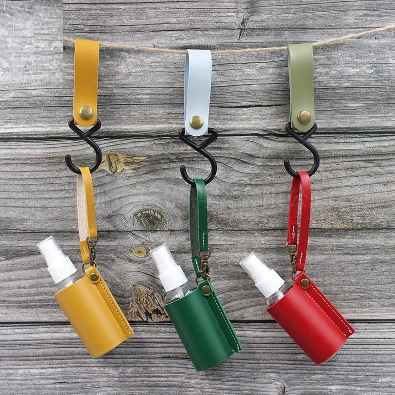 Portable 60ml Spray Bottle with Cover Empty Plastic Refillable Travel Mister Bottle with Leather Keychain Holder
